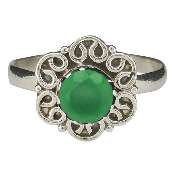 Faceted Green Onyx Flower Style Silver Ring