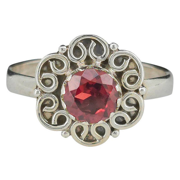 Faceted Garnet Flower Style Silver Ring