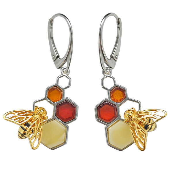 Multi Color Amber Silver Bee On Honeycomb Earrings On Hooks