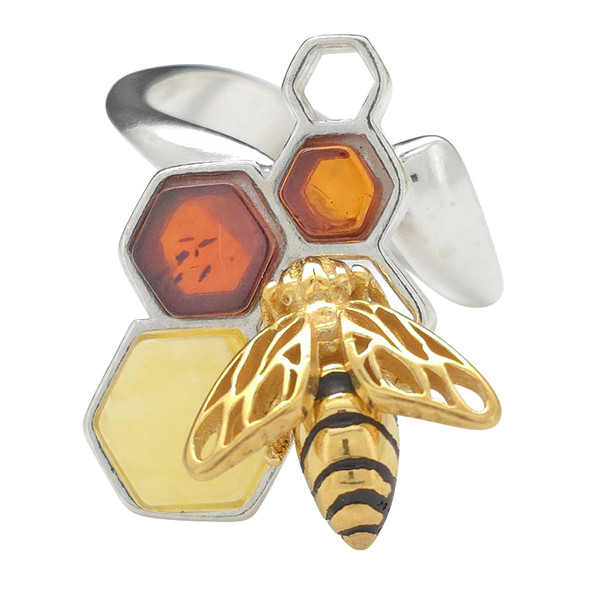 Amber Gold Plated Silver Bee On Honeycomb Adjustable Ring