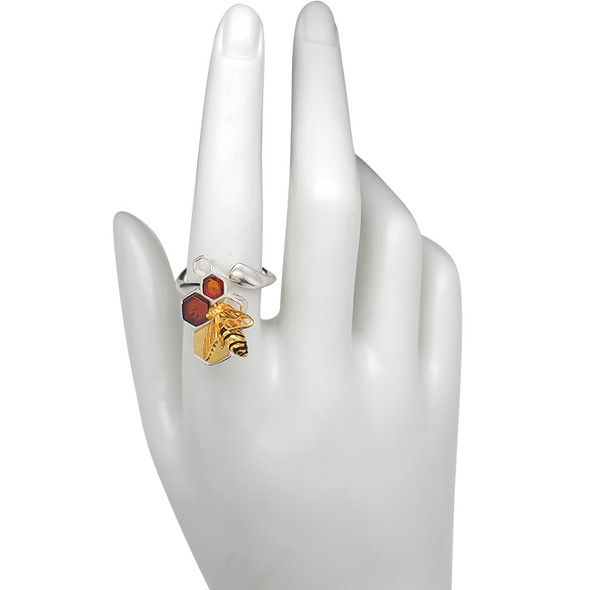Amber Gold Plated Silver Bee On Honeycomb Adjustable Ring