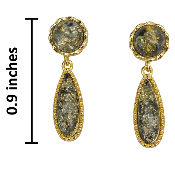 14K Gold Plated Green Amber Teardrop Sterling Silver Post Dangle Earrings
