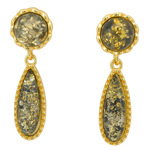 14K Gold Plated Green Amber Teardrop Sterling Silver Post Dangle Earrings