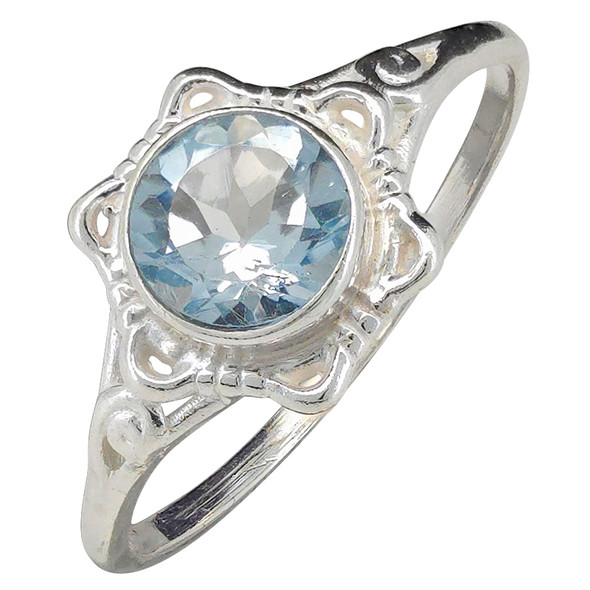 Faceted Blue Topaz Scrollwork Sterling Silver Ring