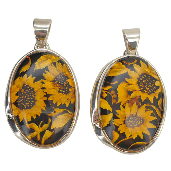 Handmade Carved Sunflower Cameo Amber Sterling Silver Pendant