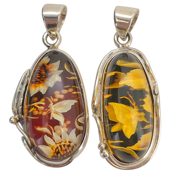 Handmade Carved Floral Butterfly Cameo Genuine Baltic Amber Sterling Silver Pendant