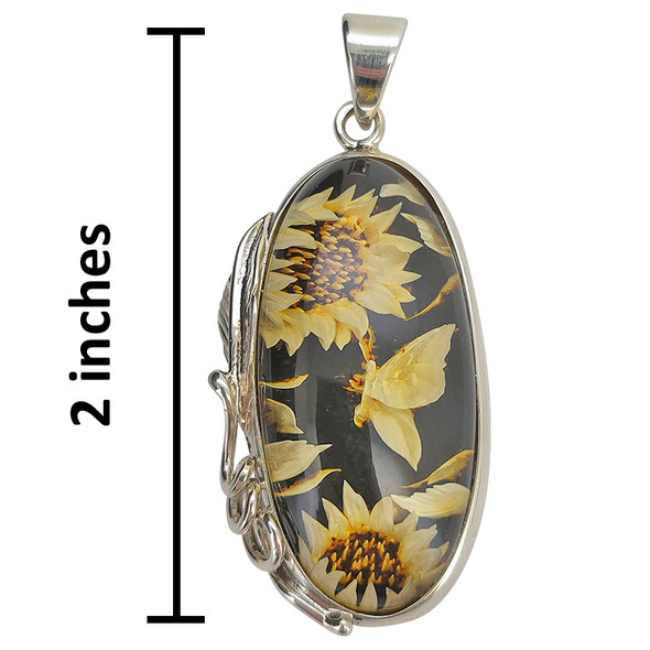 Handmade Carved Sunflower Butterfly Cameo Amber Sterling Silver Pendant