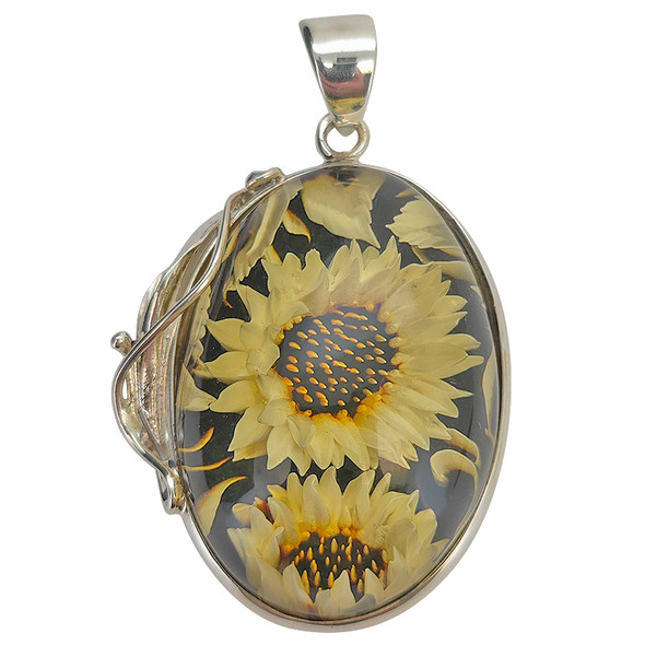 Handmade Carved Sunflower Cameo Amber Sterling Silver Pendant