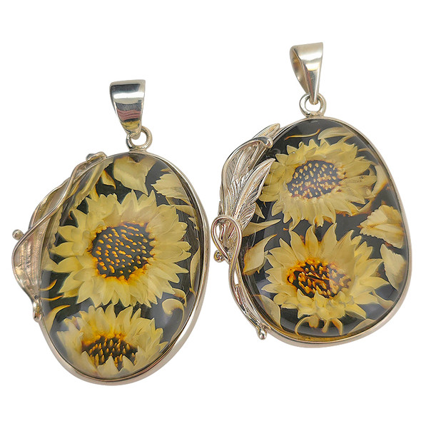 Handmade Carved Sunflower Cameo Amber Sterling Silver Pendant