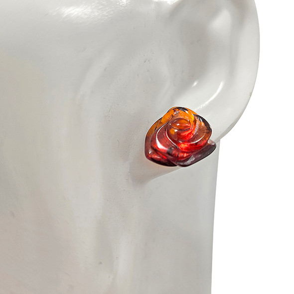 Handmade Rose Cognac Amber Sterling Silver Stud Earrings