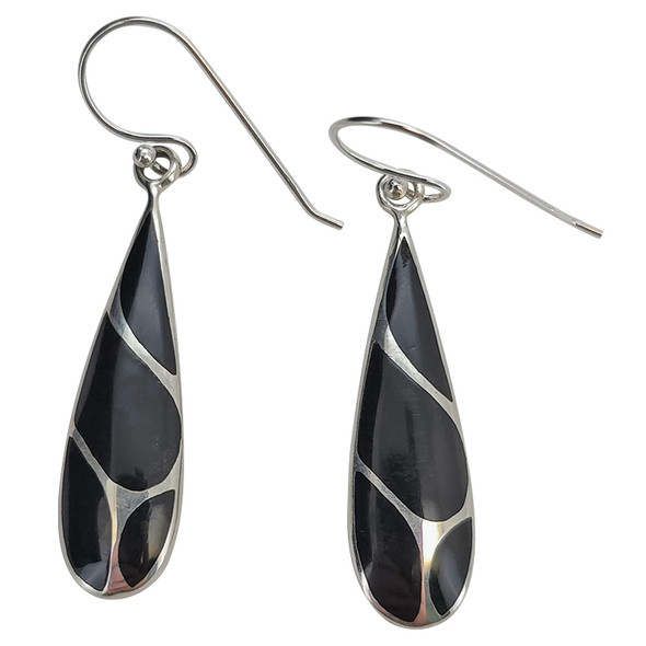 Black Onyx Inlay Teardrop Sterling Silver Hook Earrings