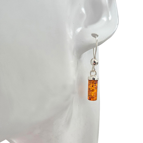 Cognac Amber Cylinder Sterling Silver Hook Earrings