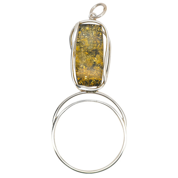 Green Amber Rectangular Open Circle Sterling Silver Pendant