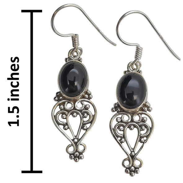 Black Onyx Scrollwork Sterling Silver Hook Earrings