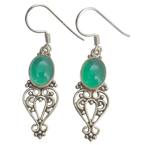 Green Onyx Scrollwork Sterling Silver Hook Earrings