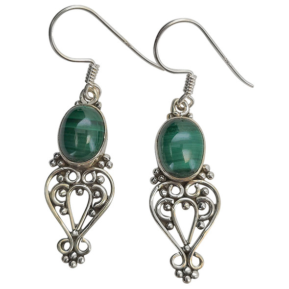 Malachite Scrollwork Sterling Silver Hook Earrings