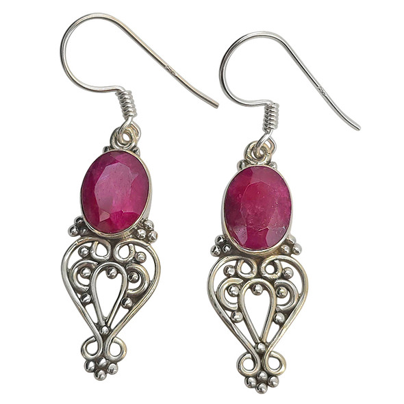 Faceted Composite Ruby Scrollwork Sterling Silver Hook Earrings
