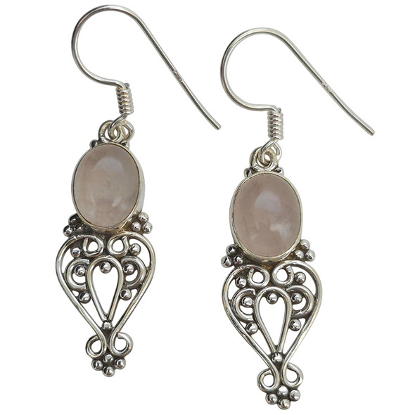 Rose Quartz Scrollwork Sterling Silver Hook Earrings