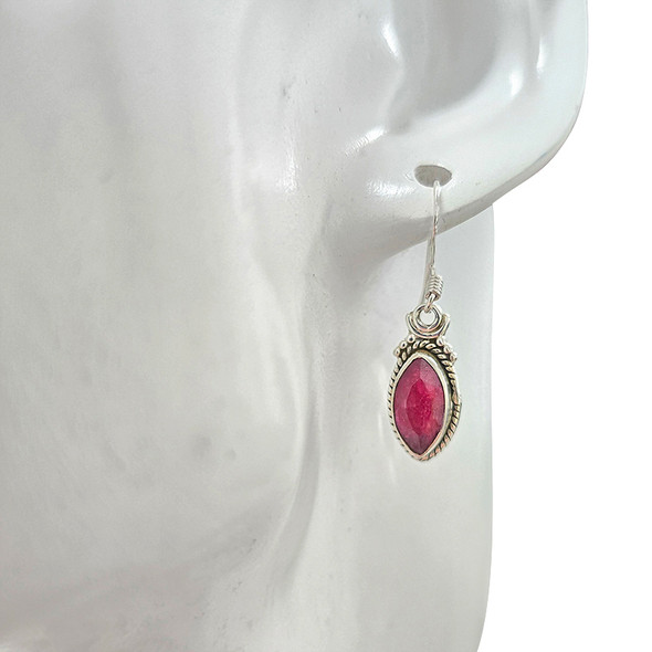 Faceted Composite Ruby Twisted Rope Sterling Silver Hook Earrings