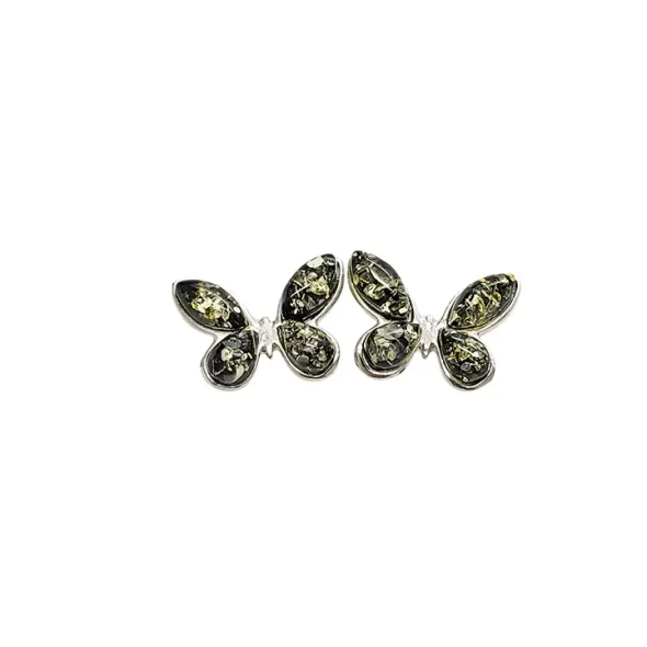 Green Amber Sterling Silver Butterfly Stud Earrings