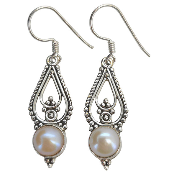 Pearl Scrollwork Sterling Silver Hook Earrings