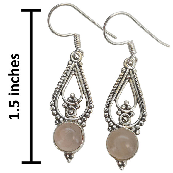Rose Quartz Scrollwork Sterling Silver Hook Earrings
