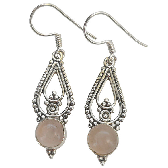 Rose Quartz Scrollwork Sterling Silver Hook Earrings