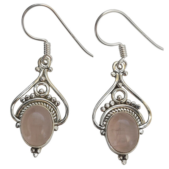 Rose Quartz Scrollwork Sterling Silver Hook Earrings