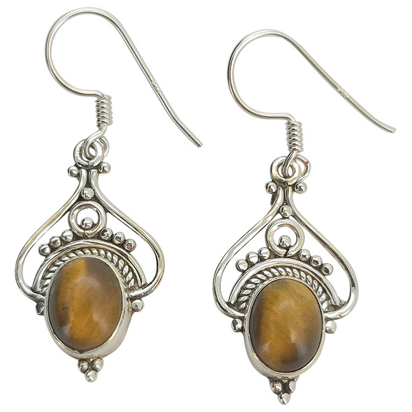 Tiger Eye Scrollwork Sterling Silver Hook Earrings