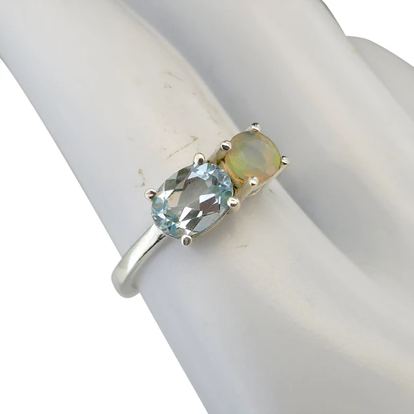 Faceted Blue Topaz & Opal Two-Stone Sterling Silver Ring