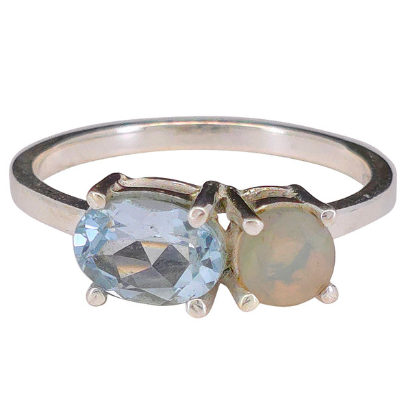 Faceted Blue Topaz & Opal Two-Stone Sterling Silver Ring
