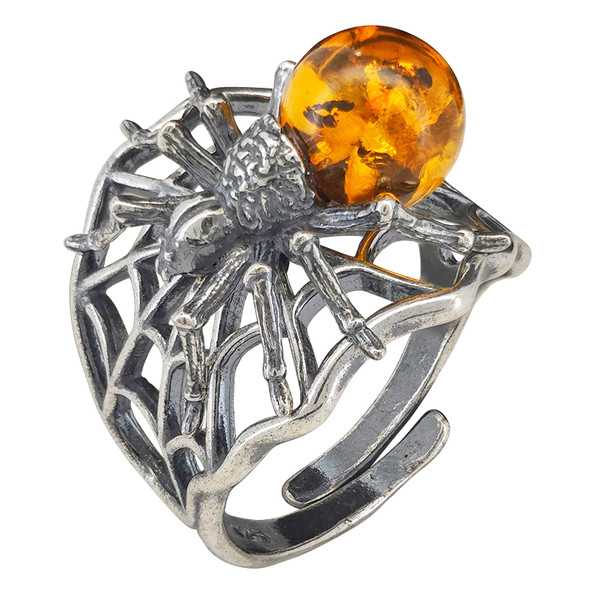Cognac Amber Sterling Silver Spider Adjustable Ring