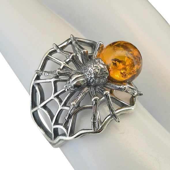 Cognac Amber Sterling Silver Spider Adjustable Ring