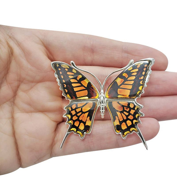 Butterfly Cameo Amber Silver Brooch