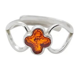 Cognac Amber Sterling Silver Clover Adjustable Ring