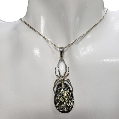 Spider Green Amber Silver Pendant