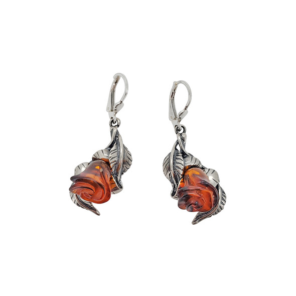 Rose Cognac Amber Silver Earrings On Hooks