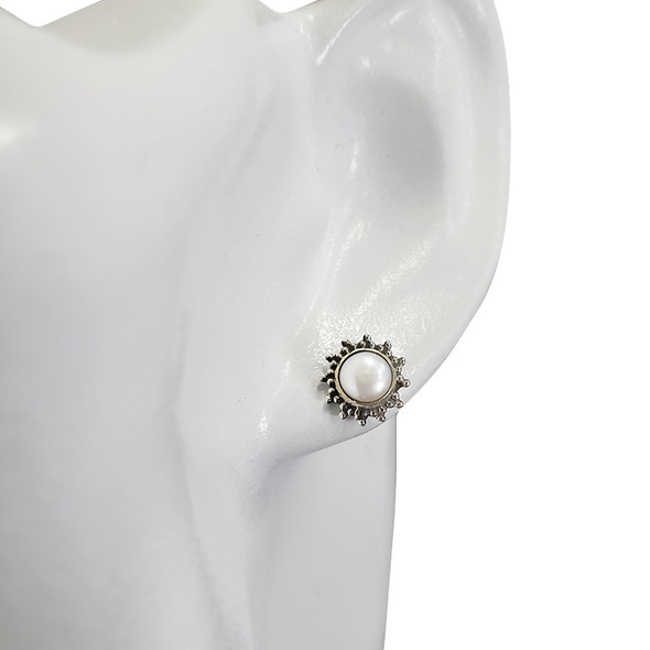 Round Stud Pearl Silver Earrings