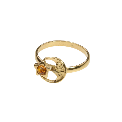 Cognac Amber Gold Plated Moon And Star Ring