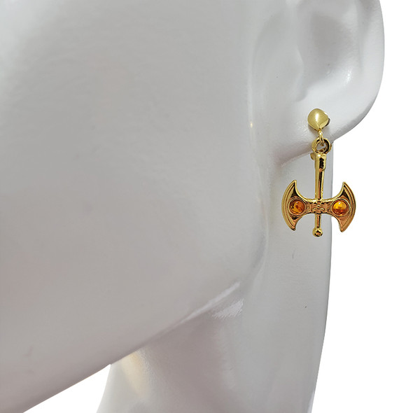 Battle Axe Cognac Amber Gold Plated Silver Earrings