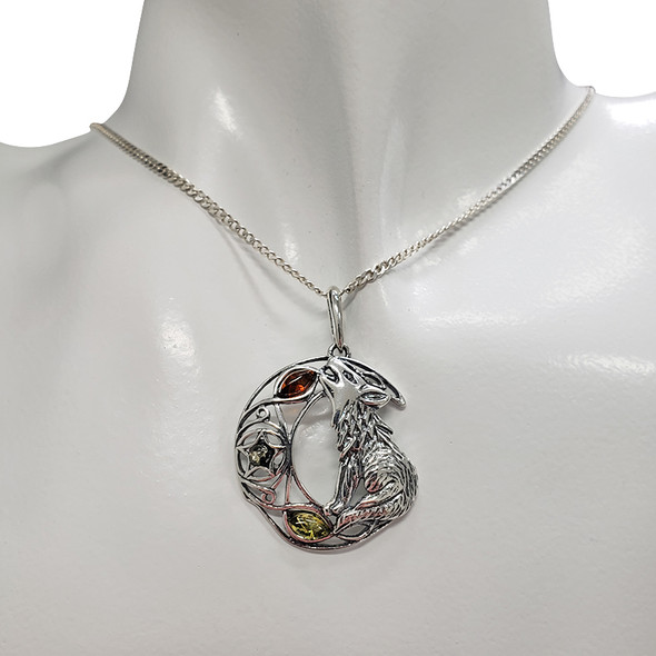 Wolf Moon Multi-Color Amber Sterling Silver Pendant