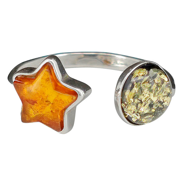 Multicolor Amber Sterling Silver Star Adjustable Ring