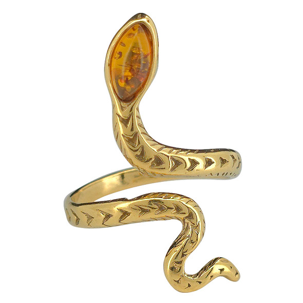 Cognac Amber Gold Plated Silver Snake Adjustable Ring