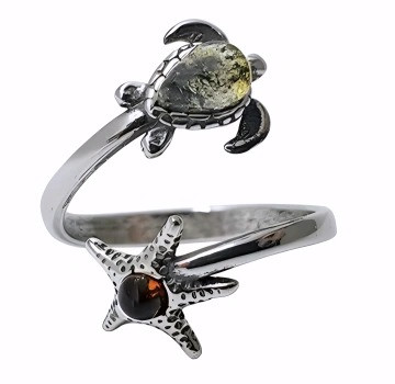 Turtle Multicolor Amber Sterling Silver Adjustable Ring