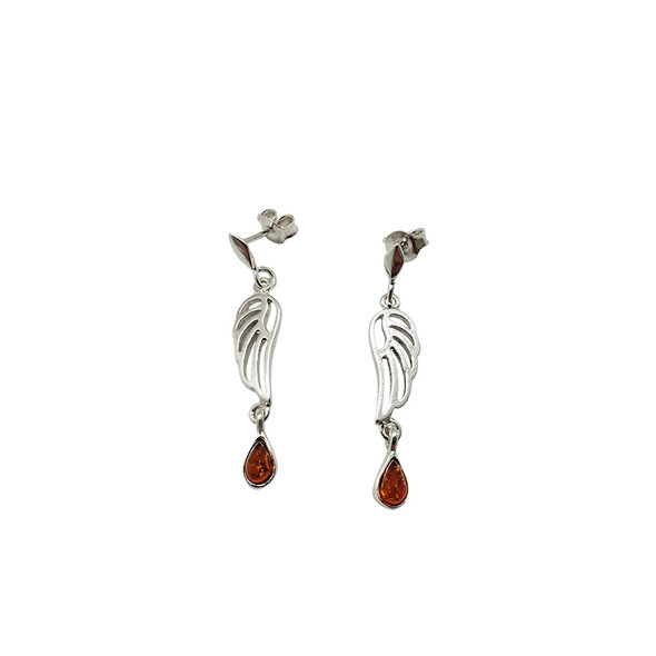 Wings Cognac Amber Sterling Silver Post Dangle Earrings