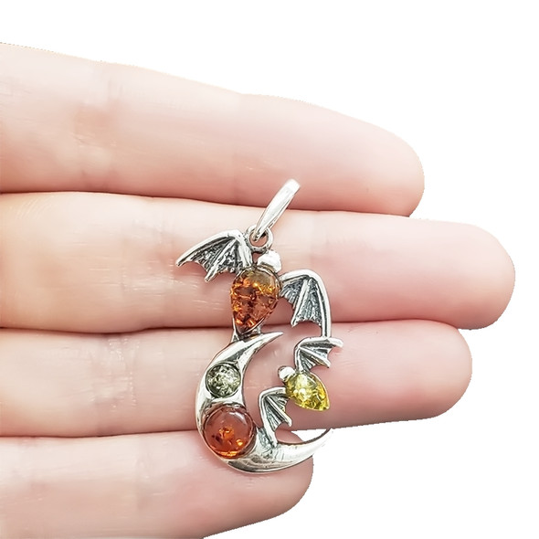 Multicolor Amber Sterling Silver Bat And Moon Pendant