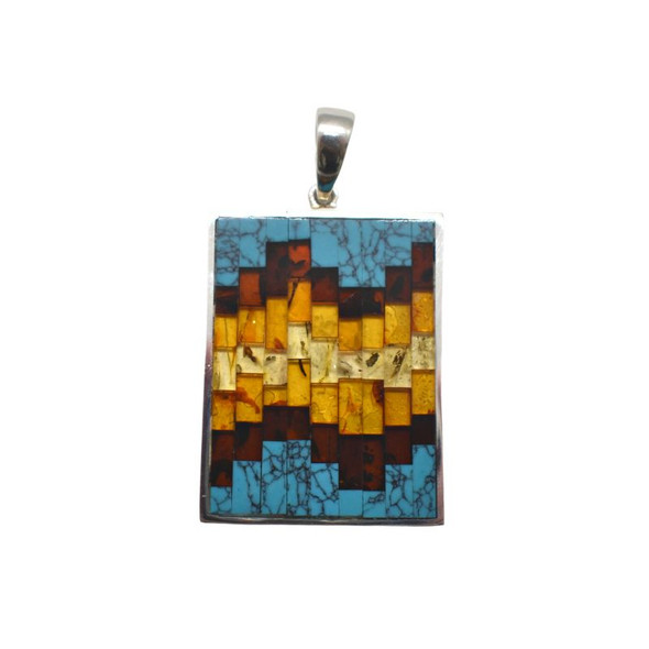 Mosaic Multi-Color Amber/Pressed Turquoise Pendant