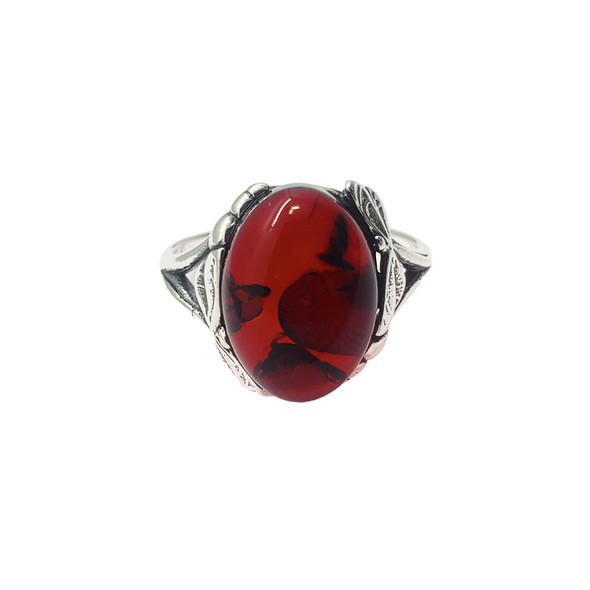Cherry Amber Sterling Silver Dragonfly Design Ring
