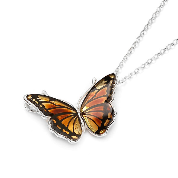Monarch Butterfly Cameo Amber Silver Pendant