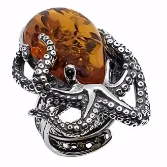 Octopus Cognac Amber Oxidized Sterling Silver Adjustable Ring